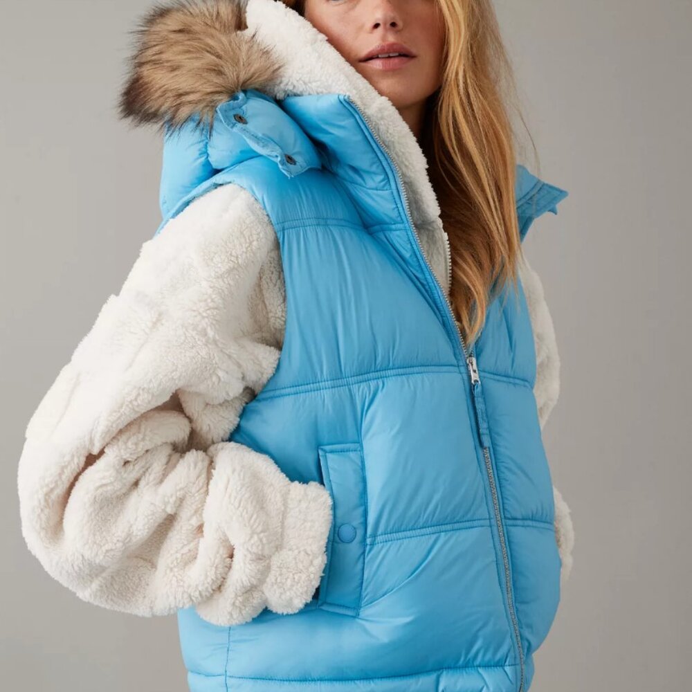 AE Faux Fur Hooded Puffer Vest - NEW - NWT - Electric Blue